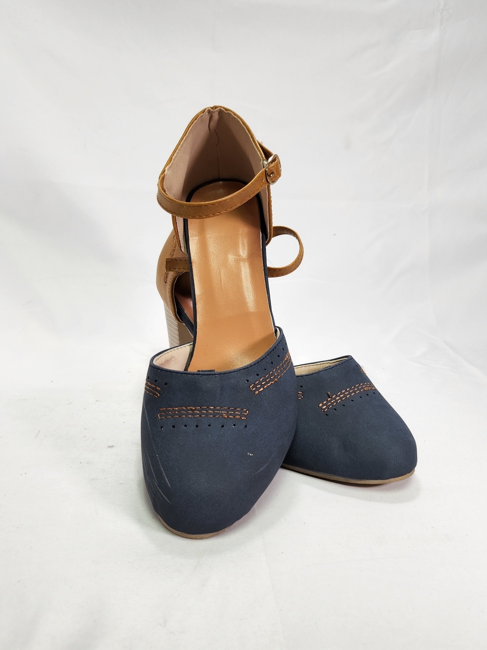 Women’s Navy and Tan Ankle-Strap Block Heel Pumps
